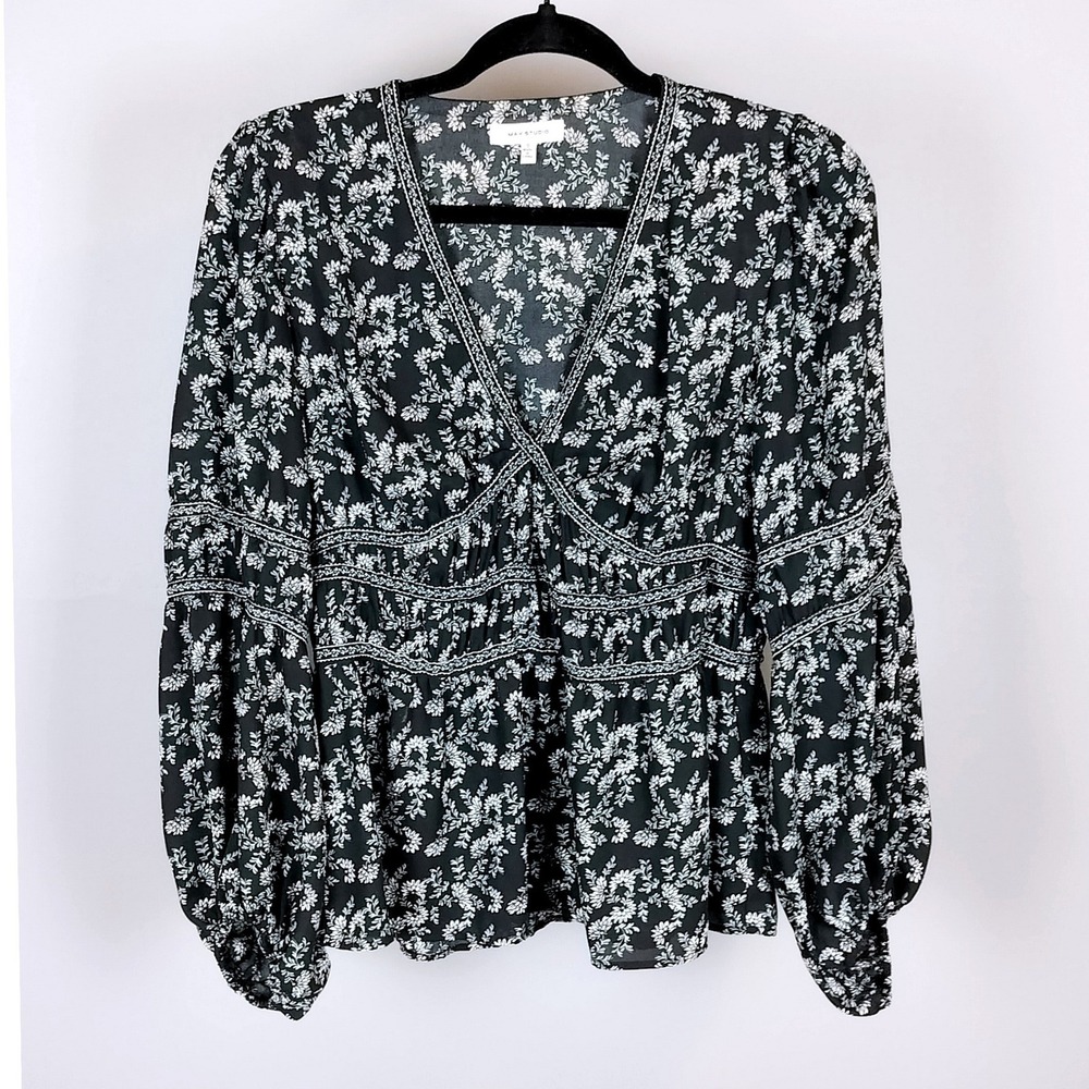 Max Studio Y2K Floral‎ Embroidered Peplum Blouse Black Balloon Sleeve Boho